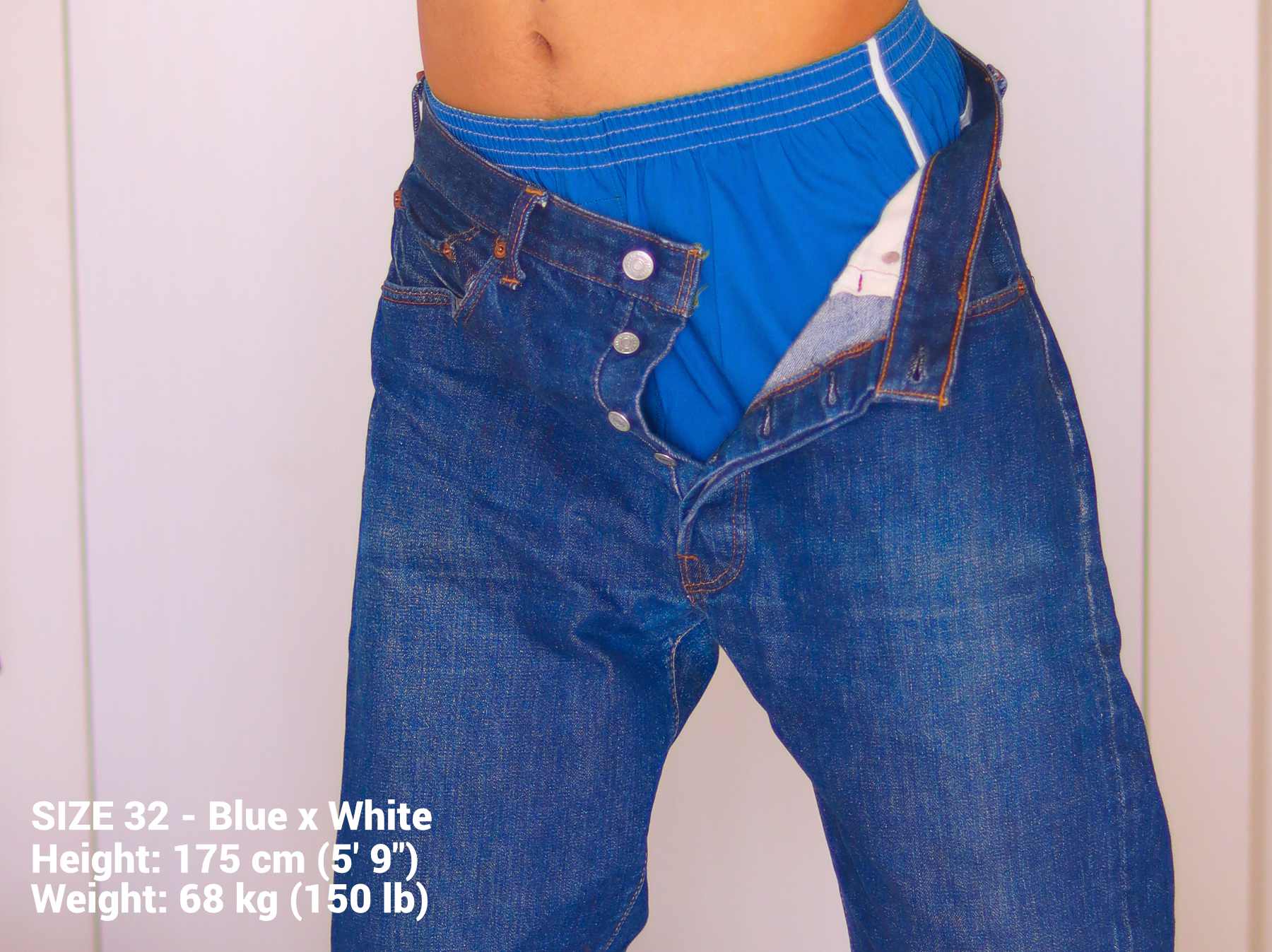 ビンテージデニムとトランクス。コットン１００％。Vintage 1960's Levi's 501 and Day One Underwear Vintage Boxer Shorts. Blue Boxer Shorts.