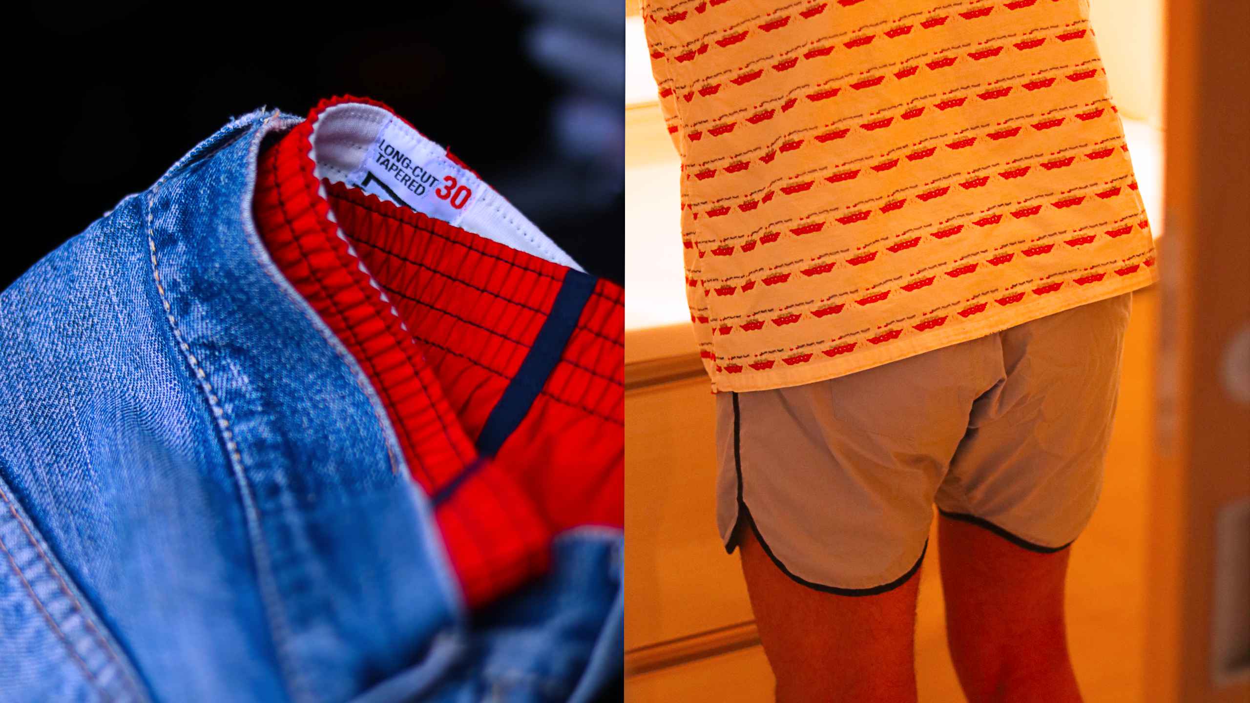 red mens underwear, blue boxers, with vintage levis 501xx. The best loungewear, lounge shorts.